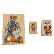 Vintage Halloween Wood Mounted Rubber Stamp Lot Scarecrow Ghost Pumpkin 3 Piece