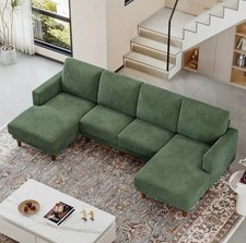 4 Seater Large Sectional U-Shaped Sofa  Corduroy Fabric Green Couch Living Room