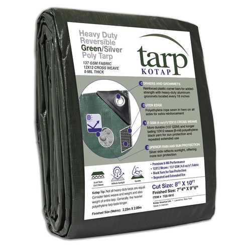 Tarps TGS-0810 Heavy-Duty 8-mil Reversible Poly Tarp with UV Protection, 8 x ...