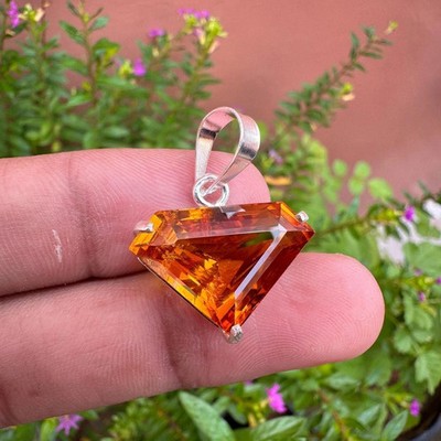 Certified 25 CT+ Natural Orange Sapphire Fancy Gemstone 925 Solid Silver Pendant