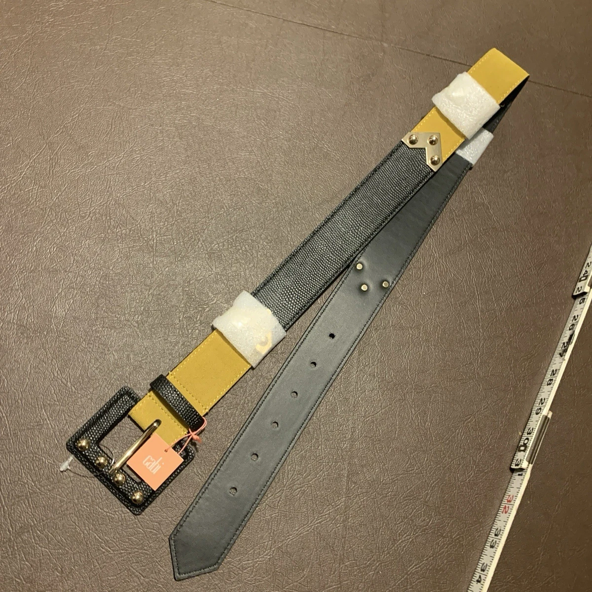 CAbi Genuine‎ Leather Belt Womens M Mustard Yellow Black Ornamental Embossed Belt ROBERTA DI CAMERINO Gold size M International in Metal  main image 2