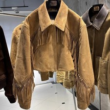 Women's Fringe Suede Leather Jacket Cropped Western Biker Retro Cowboy Style