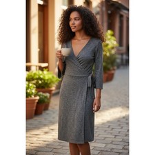 Gilli Women's Small Gray Heathered Knit Wrap Midi Dress 3/4 Sleeve Tie Waist