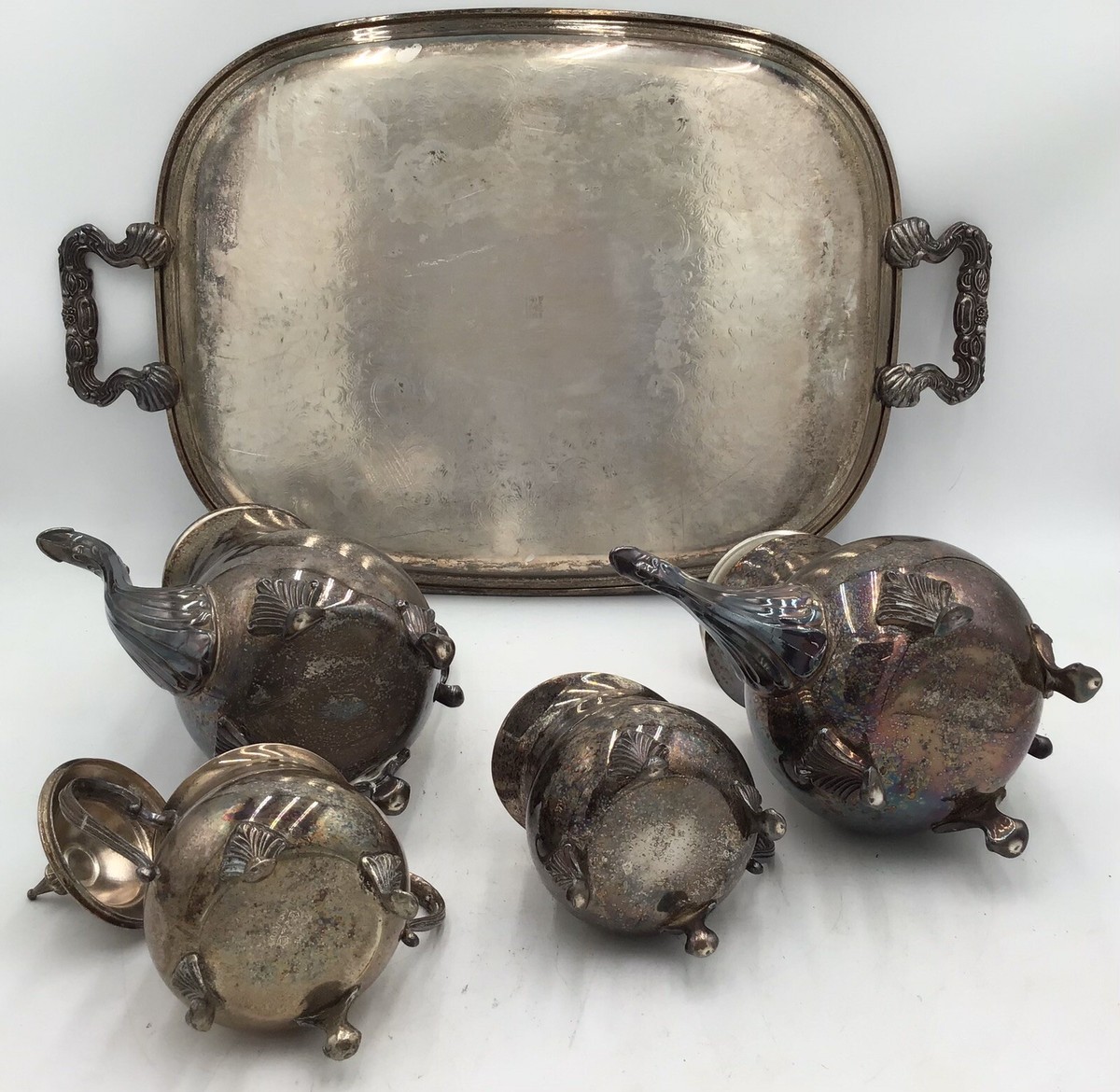 SHERIDAN SILVER PLATED COFFEE & TEA SET W/TRAY, SUGAR BOWL & LID