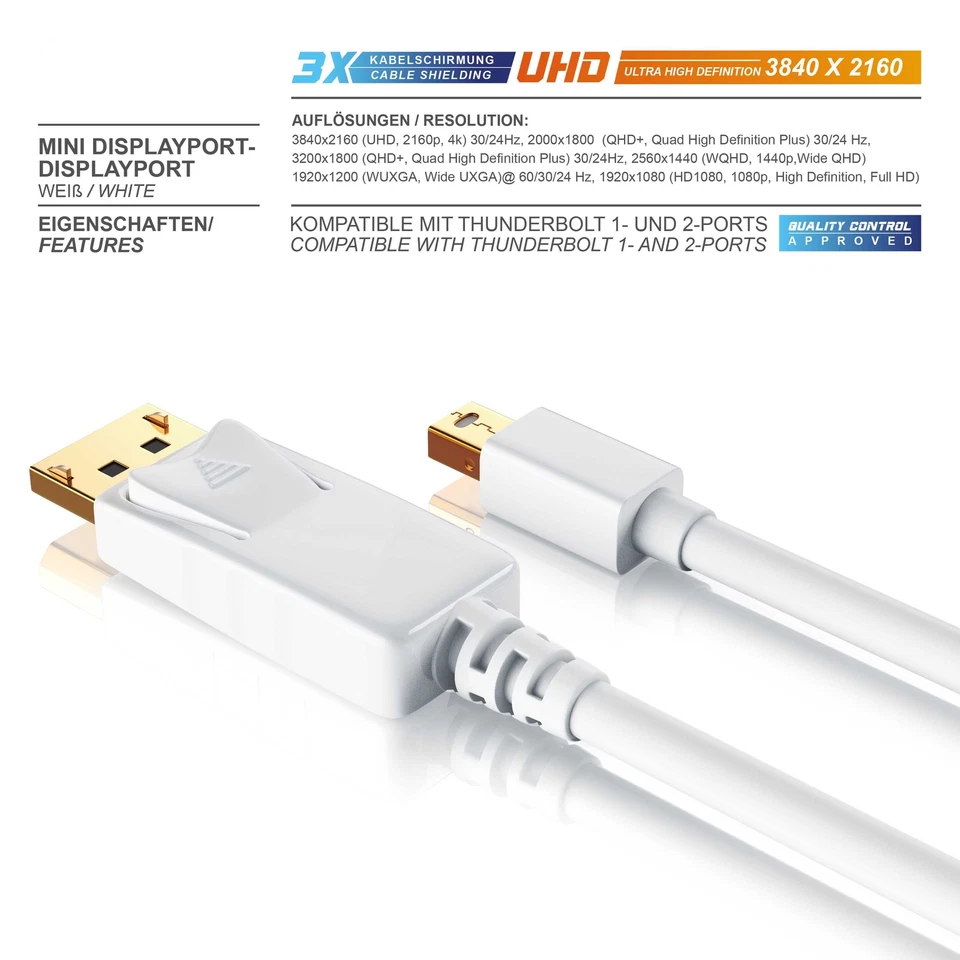 CSL Digitale Mini DisplayPort auf DisplayPort-Verbindungskabel 2M Full HD Weiß - Bild 4 von 4