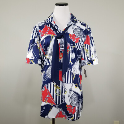 VTG 80s Top Notch Nautical Pussybow Blouse NWT Plus Size 20W Navy Red USA Made