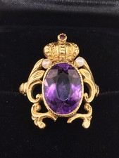 Art Nouveau (aprox. 1900) Anillo Corona Perla Semilla Rubí Amatista Oro Amarillo 14K (Talla 8)