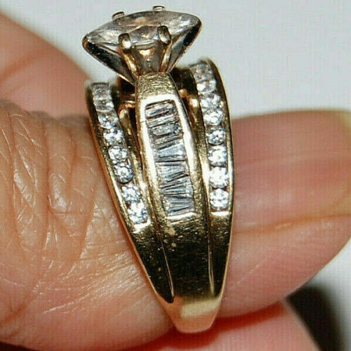 10K massiver Gelbgold Ring Verlobung Hochzeit Marquise Baguettes Edelsteine Band - Bild 4 von 12