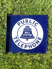 Vintage Bell System Telephone Sign 2 Sided Porcelain with Flange #23