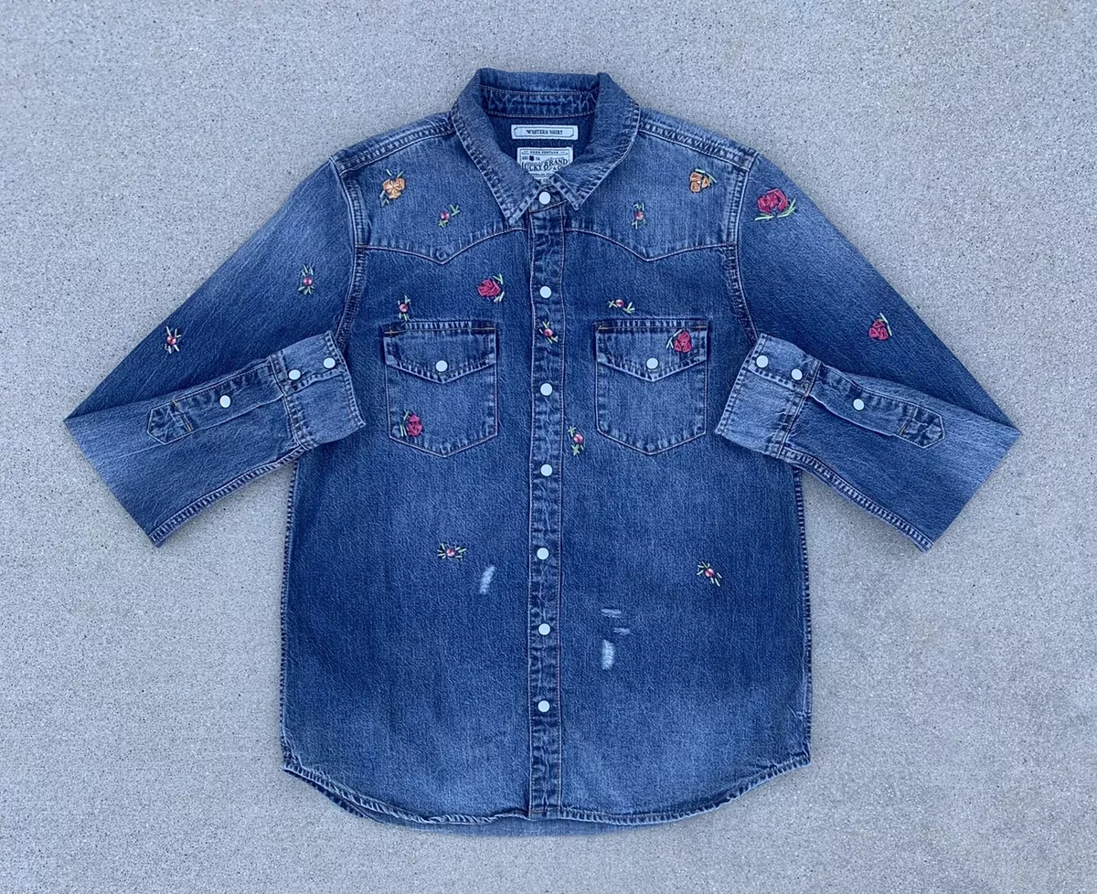 Lucky Brand Western Shirt Pearl Snap Women s Size Small True Indigo Blue Floral