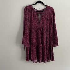 American Eagle Women S Maroon Floral Boho Bell Sleeves Ruffle Tiered Mini Dress