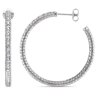 Amour Sterling Silver 1/4CT TW Round Diamond Hoop Earrings