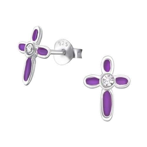 925 Sterling Silver Cross Purple Crystal Stud Earrings Ladies Boys Girls  - Picture 1 of 8