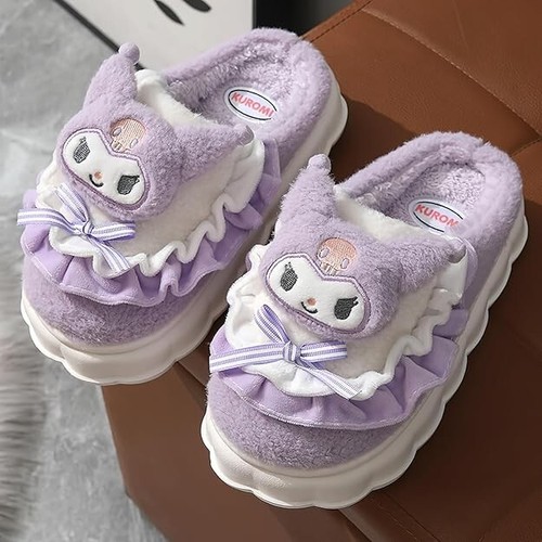 Purple Plush Slippers Cute Cartoon Faux Fur Cotton Slide Home Winter 2-3 Big Kid - Picture 2 of 6