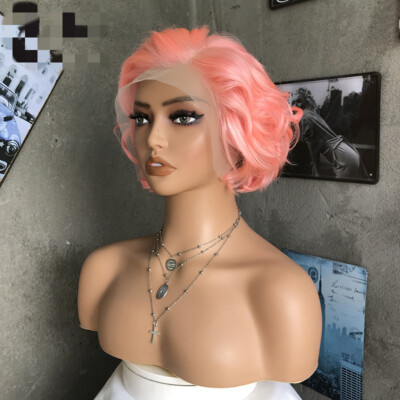 13X4 Lace Front Wigs Pink Short Wavy Wigs Human Hair Wigs  display picture 2