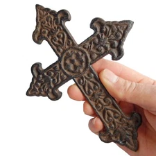 Fleur De Lis Wall Cross Cast Iron Ornate Floral  Antique Brown 7 1/4 inch