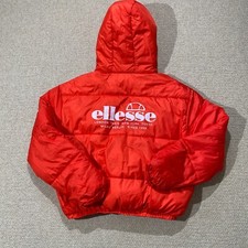 Ellesse Puffer Jacket Womens 14 Uk Large Red Cropped Hooded Coat