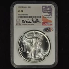 1992 S $1 AMERICAN SILVER EAGLE NCG MS70 NO SPOT / TONE MIKE CASTLE SIGNED FLAG