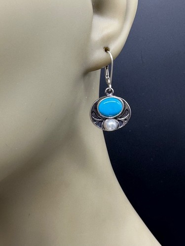 ESTATE STERLING SILVER TURQUOISE HOWLITE CABOCHON PEARL DROP SIGNED EARRINGS - Picture 8 of 12