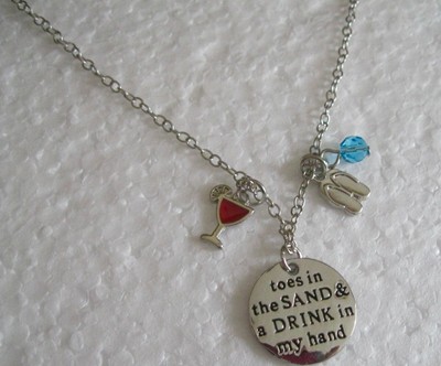 Toes In The Sand Drink In My Hand Silver Disc Pendant Wine Beach Theme Necklace Toes In The Sand Drink In My Hand Silver Disc Pendant Wine Beach Theme Necklace