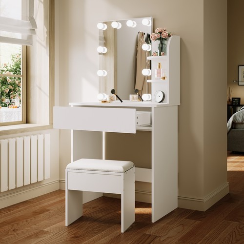 LED Dressing Table White Mirror Vanity Makeup Desk with Stool Drawer & Shelves - Picture 3 of 13