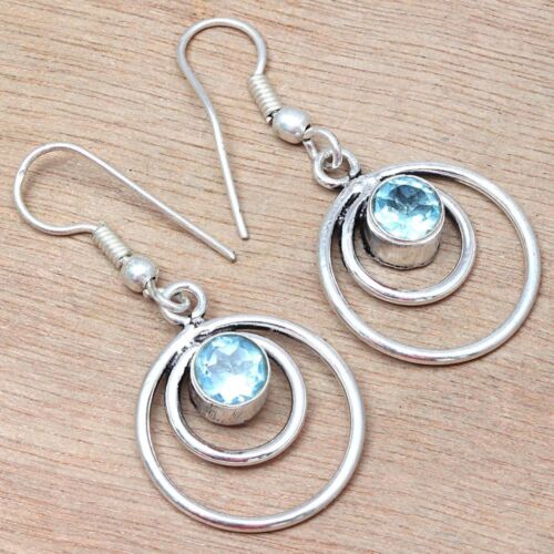 Swiss Blue Quartz Gemstone Handmade 925 Silver Jewelry Earrings 1.5'' - Zdjęcie 1 z 7