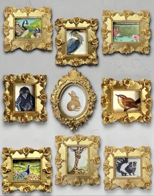Bird, Animal, & Landscape watercolor prints in mini gold vintage ornate frames
