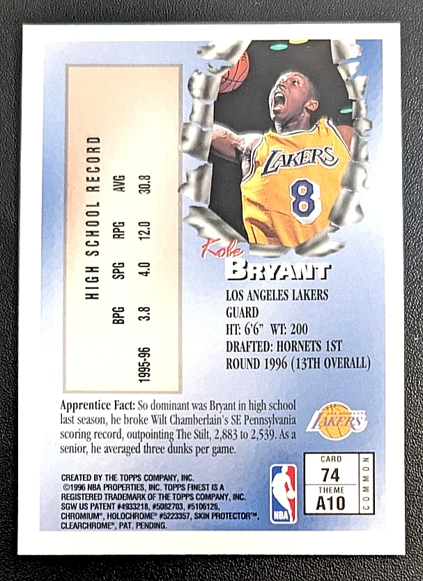 1996-97 Topps Finest Kobe Bryant #74 Aprendizes de Cartão de Novato com Revestimento RC ⭐⭐⭐⭐⭐⭐ - Imagem 2 de 2