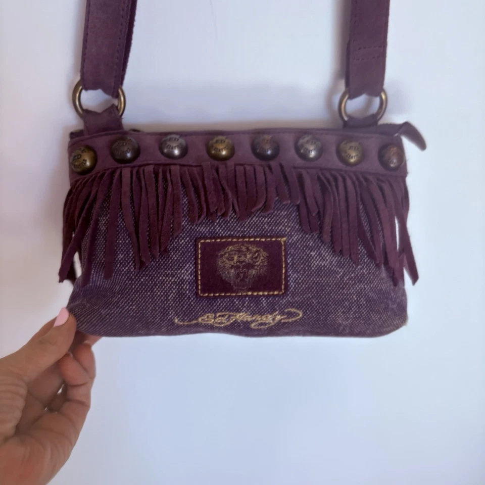 Bolso Bandolera Raro De Colección Ed Hardy Púrpura Flecos Gamuza Y2K Foto 4 de 4