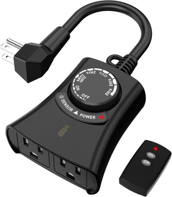 HBN Outdoor Light Timer with Remote Control, Waterproof Light Sensor, 2 Outlets