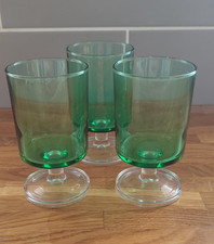 3 Vintage French Luminarc Green Glasses. Liqueur. Sherry. 4". Aperitif. Footed.