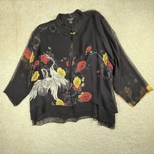 Citron Jacket Womens 3X Black Sheer Floral Crane Bird Print Layered Boho Kimono