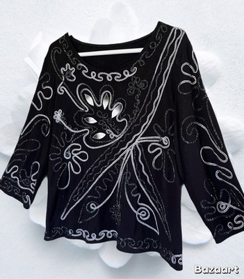 Lauren Michelle, Long Sleeve Pullover Party Top Size Medium Black Silver Braids