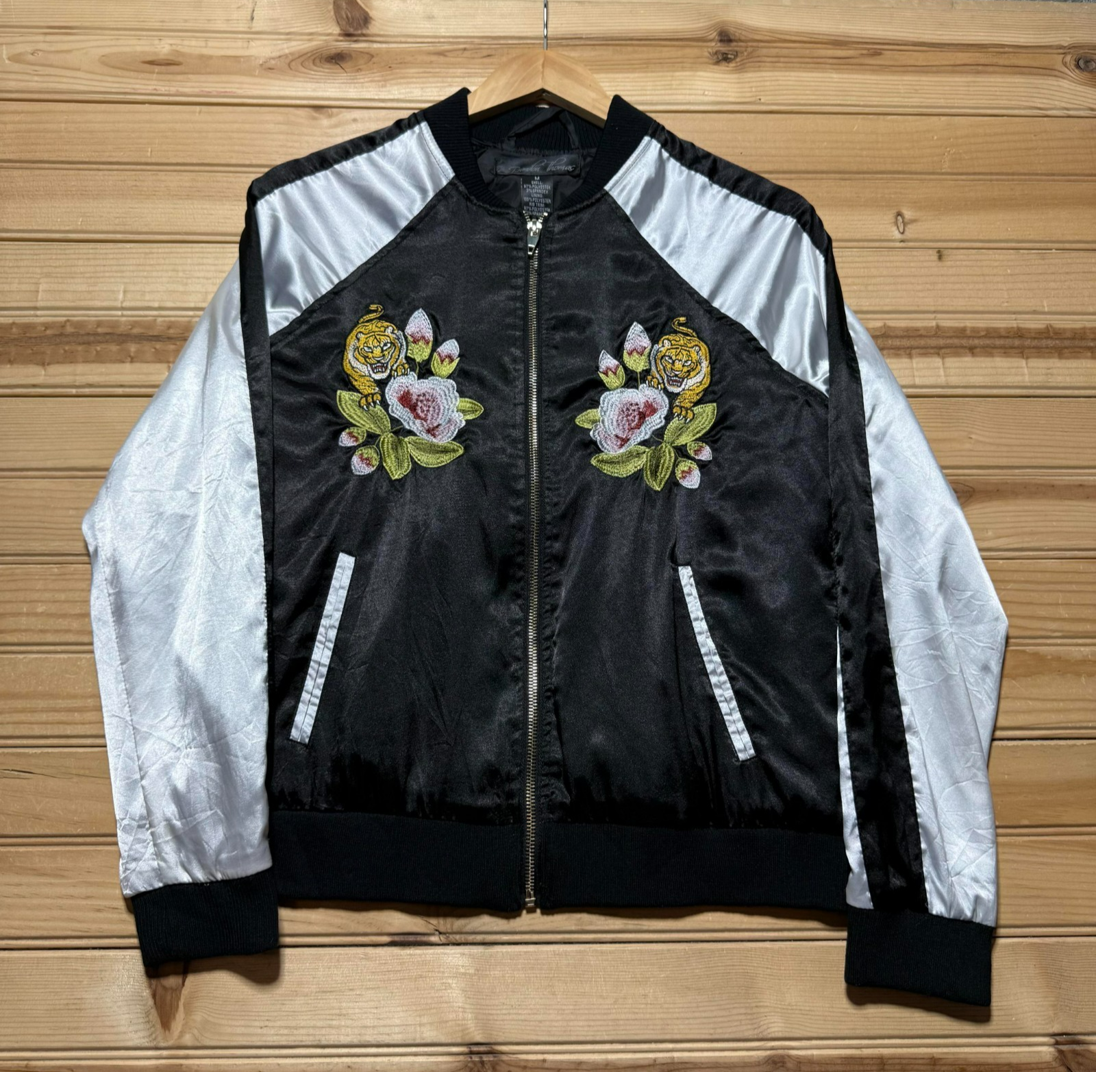 Vintage Y2K Tiger Floral Embroidered Satin Full Zip Bomber Jacket Women's Medium