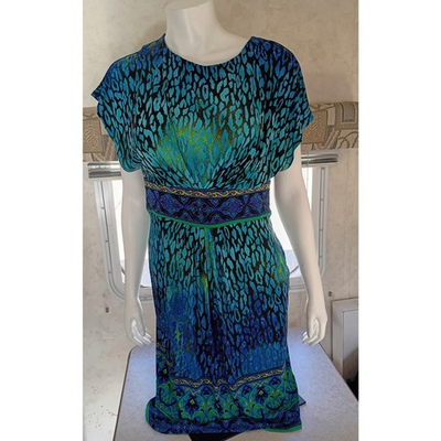 #ad Jones New York Aqua Blue Green Abstract Midi Dress 14 Flattering Stretch Print $16.02