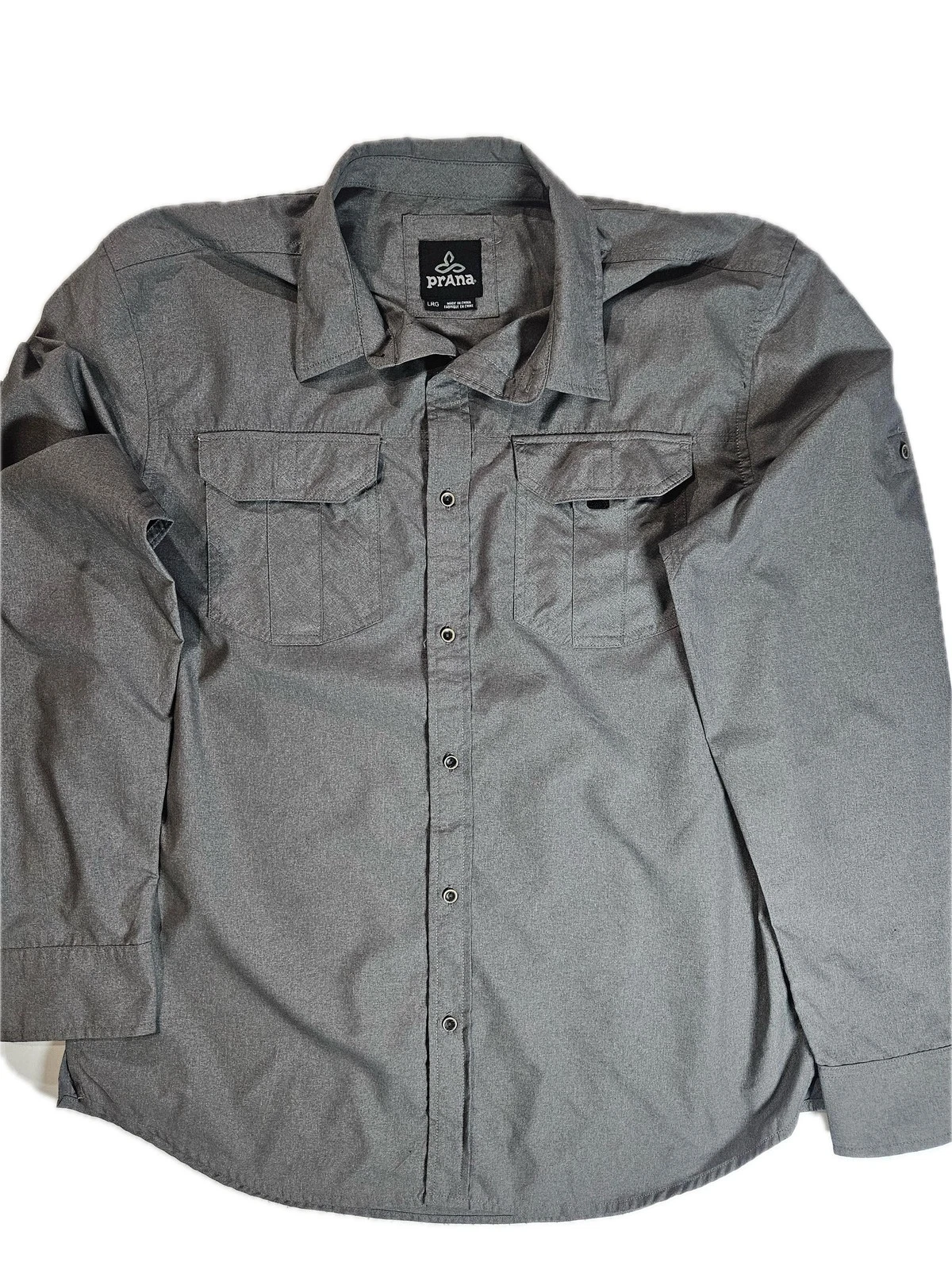 prAna Shirt Mens Large Gray Long Sleeve Button Down Outdoor Travel Hiking Tech