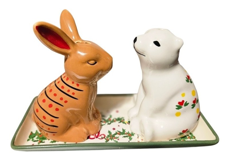 Cath Kidston Salt & Pepper Shaker Set With Tray Bunny & Polar Bear Holiday NEW