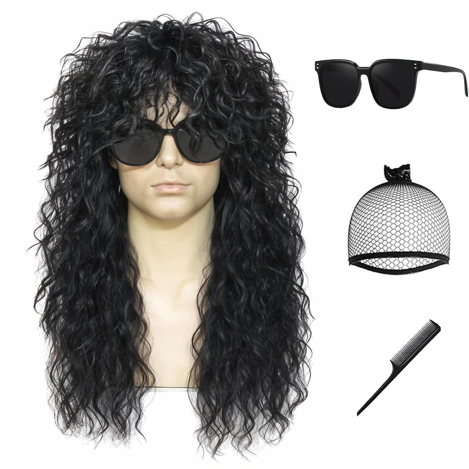 70s 80s Rocker Wig for Men & Women - Curly Wavy Costume Hair with Bangs