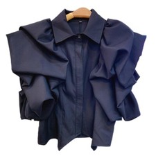 Damen Chiffon Bubble Ärmel Shirt Rüschen Schlank Kurzarm Bluse Knopfleiste