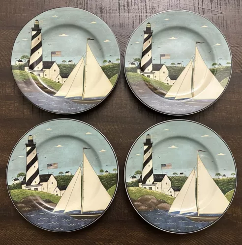 4 VTG Warren Kimble COASTAL BREEZE Sailboat Lighthouse Salad Dessert Plates 1998