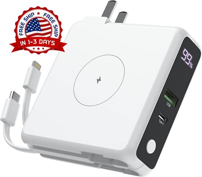 Cargador portátil con enchufe de pared de CA y cables integrados, color blanco