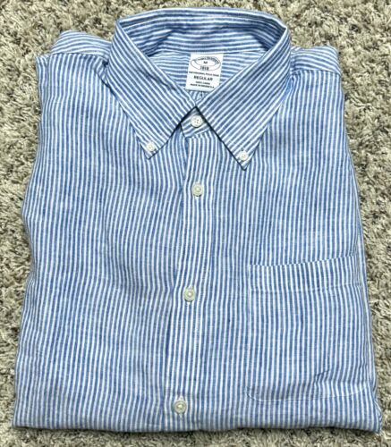 NWT! Recent BROOKS BROTHERS 100% Linen Shirt-Blue/ White-RegularFit-Striped-$118 - Photo 1/7