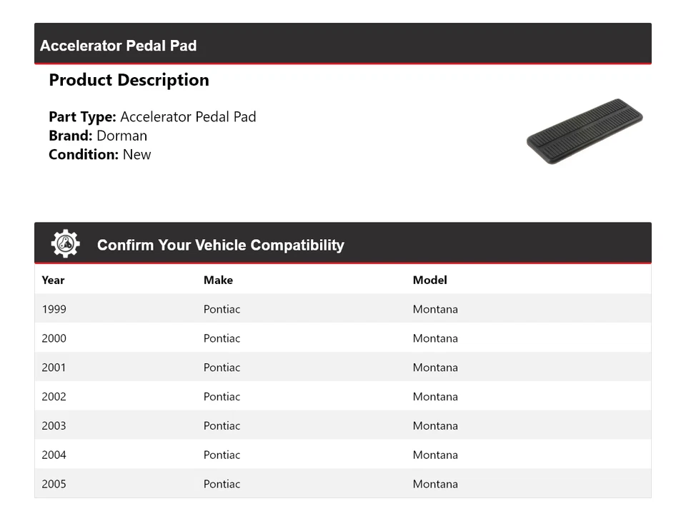 Almohadilla de pedal acelerador para Pontiac Montana Dorman 1999-2005 2000 2001 2002 2003 Foto 2 de 4