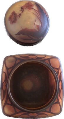 Antique Daum Nancy box, orig. lid multi layer acid etched Glass