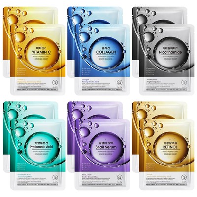 12 Pack Sheet Face Masks Skincare Collagen Hyaluronic acid Snail Retinol Vita...