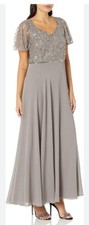 JKara Womens Beaded Flutter Sleeve Maxi Gown Gray Size 8 Elegant Evening Dress