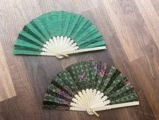 2 Green Fans Hand Bamboo Cloth Handmade Indonesia New Avenico Summer 628B
