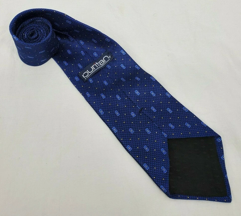 Puritan Geometric Shapes & Dots In Blue Tones 100% Silk Neck Tie -TIES DESIGNER - Image 4 of 4