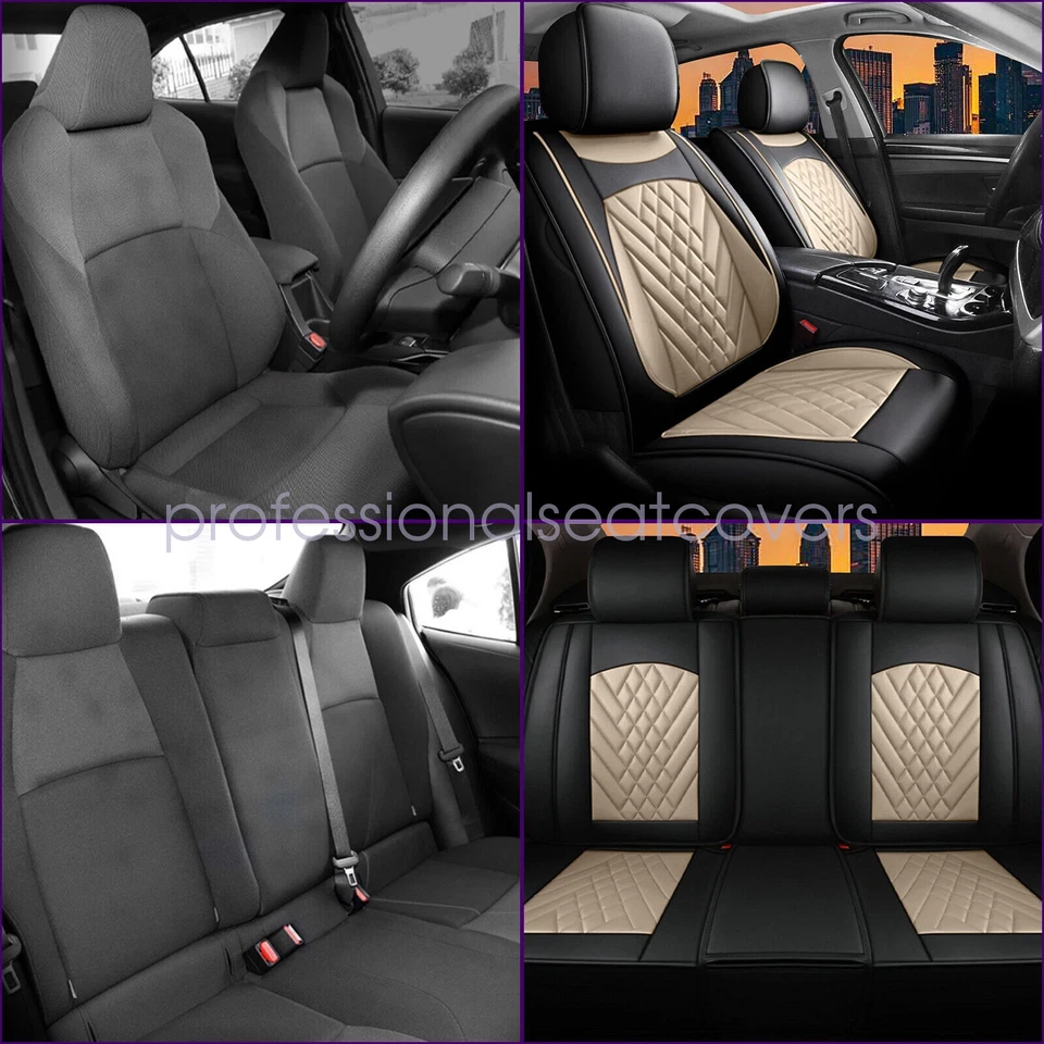 For BMW Full Set Car Seat Cover 5-Seat Front Rear Protectors Black&Beige - Image 3 of 4