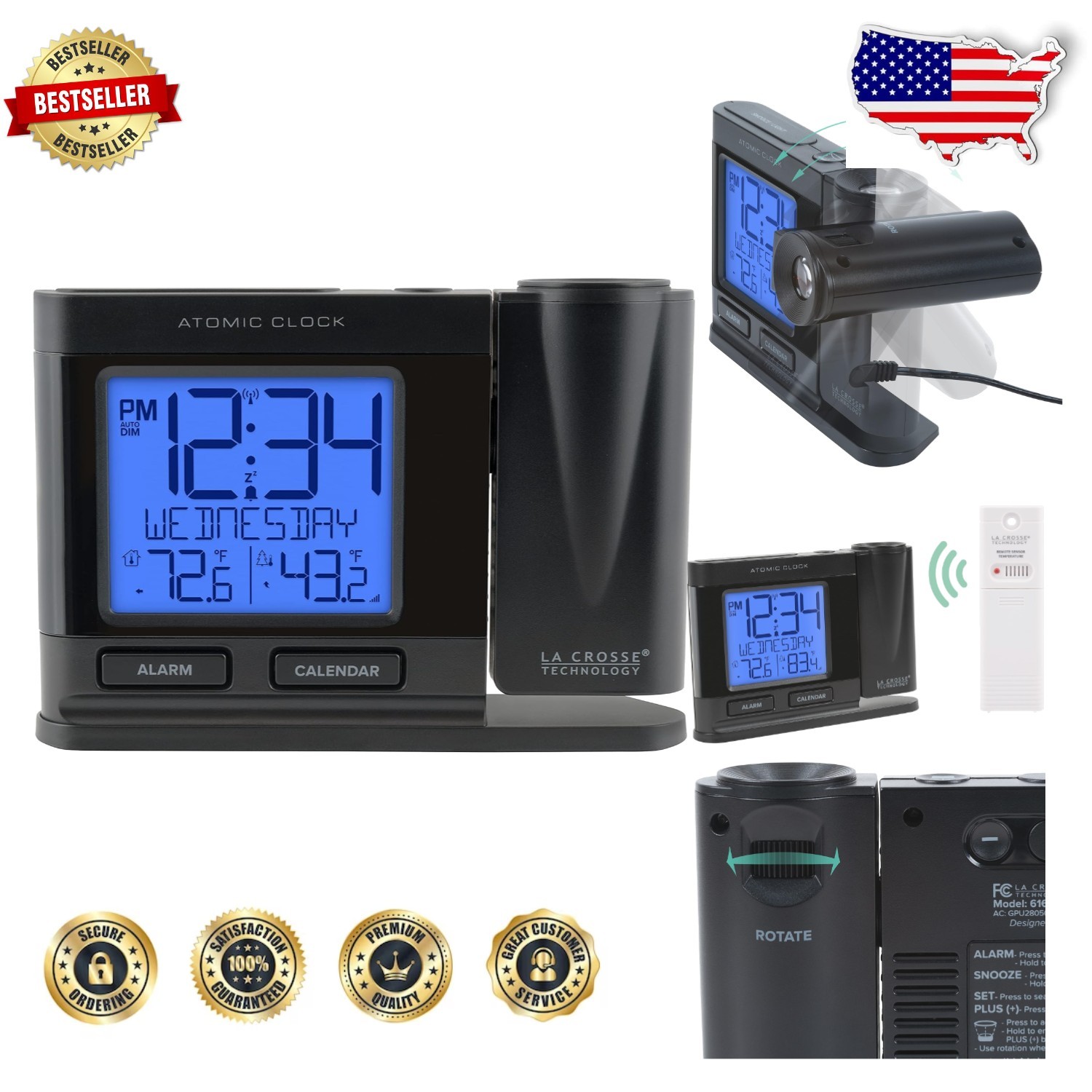 Smart Black Projection Alarm Clock - Wireless Outdoor Temp, Auto Update